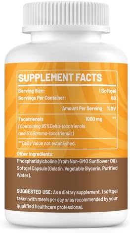 Side angle of premium liposomal vitamin E supplement displaying dietary details and ingredient proportions.