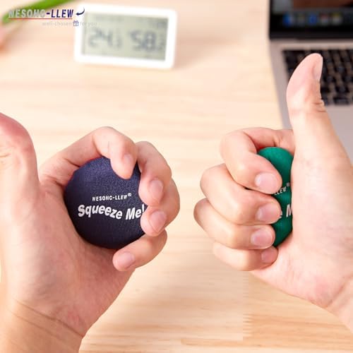 Three distinct progress resistance levels of the hand therapy squeeze balls laid out side by side.