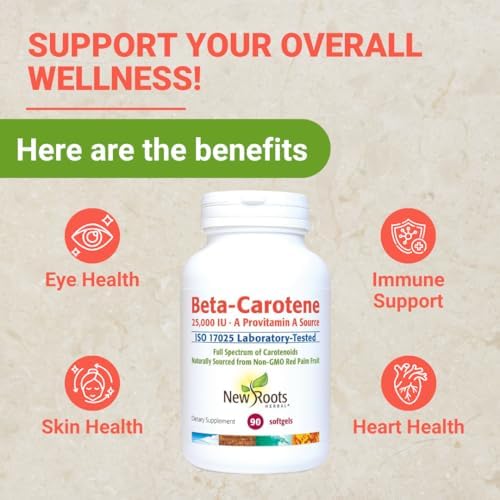 New Roots Herbal Beta Carotene 90 softgels ingredient list and nutritional facts label