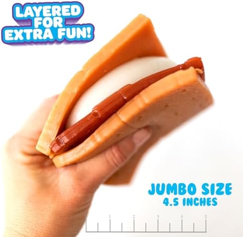 The jumbo sized Mushmeez s'more squishy being squeezed firmly to demonstrate its ultra soft slime hybrid texture