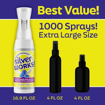 Back label of SilverWorks! shoe spray showing ingredients and usage directions