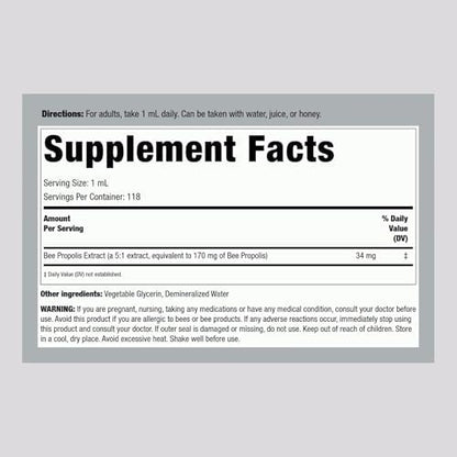 Piping Rock Supreme Bee Propolis liquid supplement ingredients and supplement facts label