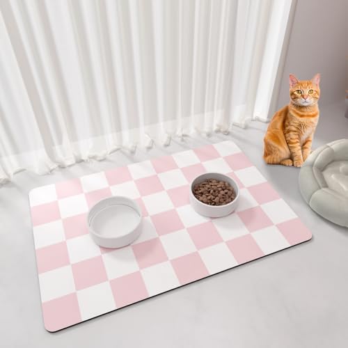 Cat Food Mat - 12"x 20" Cat Dog Mats for Food and Water Bowl, Checkered Pet Placemat Feeding Mat, Non-Slip Under Pet Bowls Mats for Messy Drinkers, Pink & White - Image 2