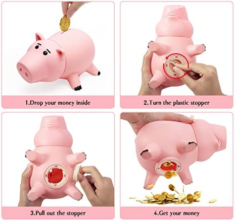 Close up view of the detachable pig head on the unbreakable savings box.