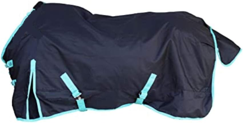 Tech Equestrian 1200 Denier Horse Rain Sheet in black and turquoise front view showing adjustable chest snaps