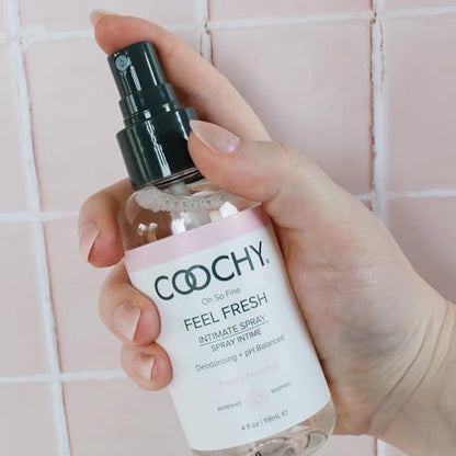 Close up of Coochy Peony Prowess spray label showing paraben free ingredients
