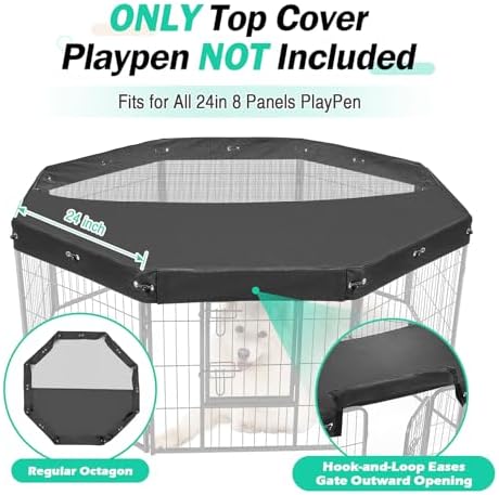 Black octagonal dog playpen cover providing sun shade for puppies outdoors.