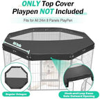 Black octagonal dog playpen cover providing sun shade for puppies outdoors.