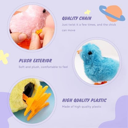 Side perspective of the pink and blue hopping chick novelty toys on a flat surface