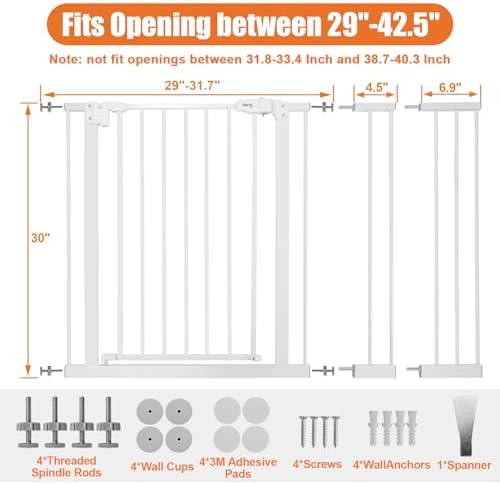 Keny white durable steel baby gate packaging contents and parts