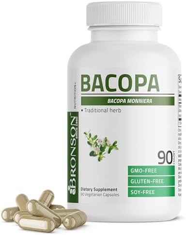 Bronson Bacopa brain supplement showing non-GMO and gluten-free product labels.