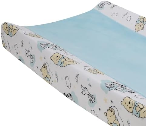 Lambs and Ivy blue minky diaper changing mat topper showing the integrated safety strap buttonholes.