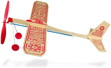 Authentic balsa wood aircraft toy kit showing premium wood pieces and plastic propeller components spread out.