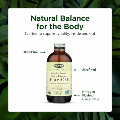 Flora High Lignan Flax Oil bottle in 8.5 fluid ounce size