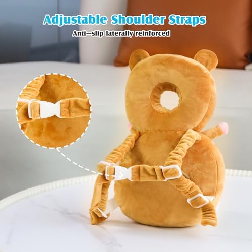 Kellody head protector cushion worn by a crawling infant