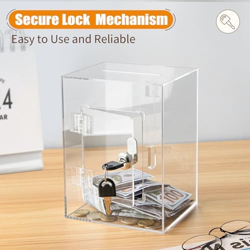 Hicocool reusable clear money saving box with key highlighting the secure locking mechanism on a wooden desk.