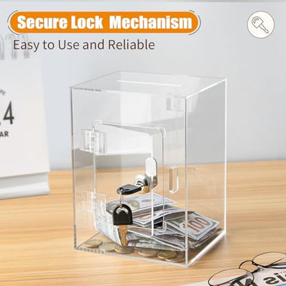 Hicocool reusable clear money saving box with key highlighting the secure locking mechanism on a wooden desk.