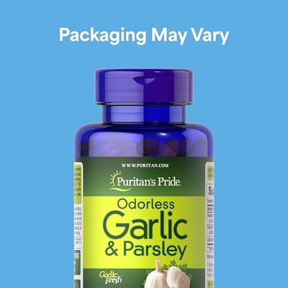 Puritan's Pride odorless garlic 500 milligrams dietary supplement bottle showing ingredient facts and dosage details.