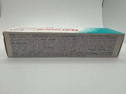 Authentic Barmicil Compuesto box packaging displaying active ingredients betamethasone clotrimazole and gentamicin.