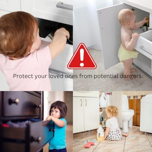 Adjustable baby proofing strap latches installed on a brown kitchen cabinet corner
