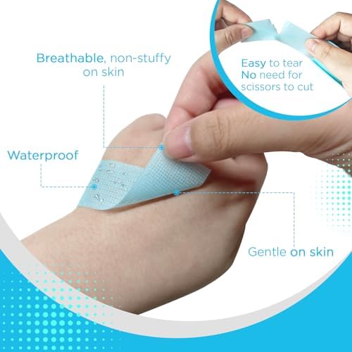 Close-up of the medical grade soft silicone adhesive layer on the blue first aid bandage tape.