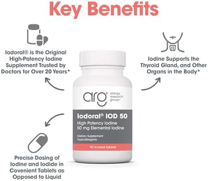 Side view of Optimox Iodoral 90 tablets packaging displaying allergy free information