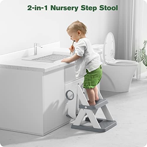 RABB 1ST multi functional step stool being used independently by a child at the bathroom washbasin.