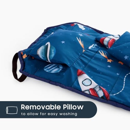 Built in name tag pocket detail on the blue space themed Wake In Cloud toddler nap mat