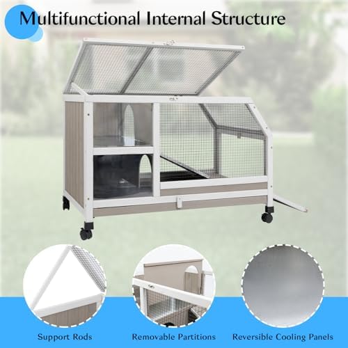36''L Rabbit Hutch Outdoor with Casters and Run, Wooden Indoor 2 Story Guinea Pig Cage with Divider Panel, Pull Out Tray, Rabbit Duck Bunny House for Small to Medium Animals and Pet Lover, Gray - Image 6