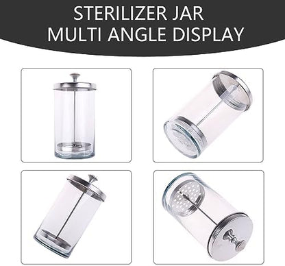 Barber cleaning jar holding professional salon hair tools