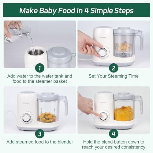 Freebaby healthy meal prep machine with various homemade fruit and vegetable purees nearby.