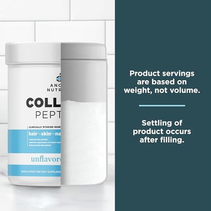 Ancient Nutrition Collagen Peptides 28 servings container highlighting the grass fed and pasture raised source.