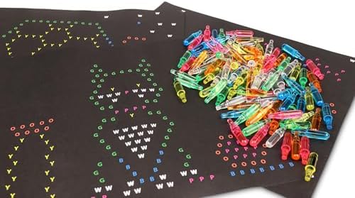 Close up view of the one hundred multicolored plastic pegs included in the classic toy accessory kit.