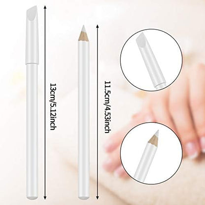 Maitys white nail pencil set spread out on a clean marble surface for home salon use.