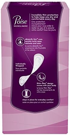 Poise Lightest Absorbency Microliners 100 count pack showing thin design and long length features.
