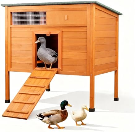 FunXplore Duck Coop Outdoor Weatherproof Wooden Duck House for Outside Small Animal Pet Hutch with Asphalt Roof Elevated Legs Pull-Out Tray Suitable for Other Poultry Chickens & Quails - Image 2