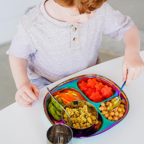 Top down view of colorful Ahimsa rainbow kids dinner plate