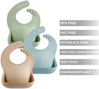 Three pack of premium PandaEar food grade silicone baby aprons for mess free dining