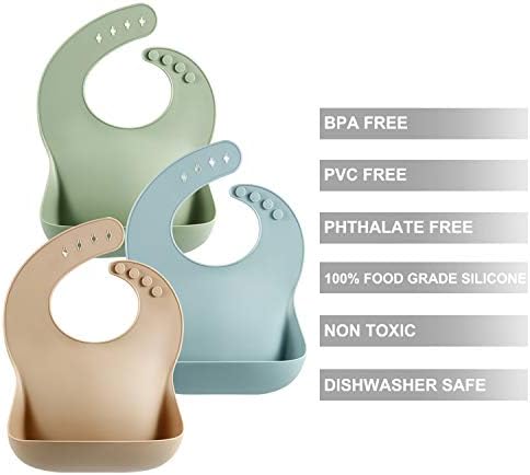 Three pack of premium PandaEar food grade silicone baby aprons for mess free dining