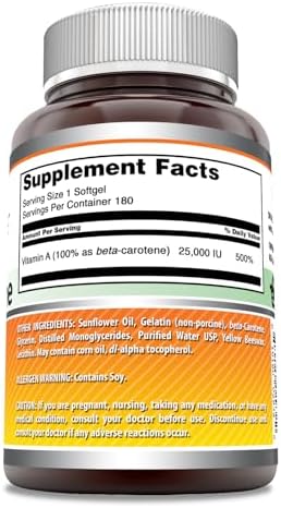 Amazing Nutrition Beta-Carotene 180 softgels bottle supplement facts panel and ingredients list
