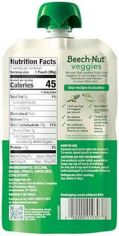 Nutritional information on Beech-Nut baby food pouch packaging