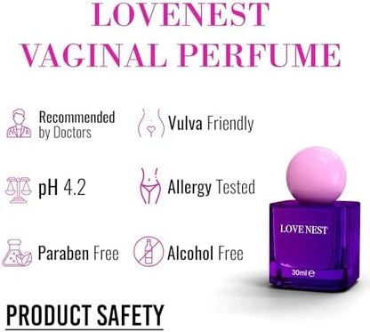 Lovenest Intimate Spray packaging showing pH 4.2 and postbiotic ingredients for women.