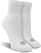 White crew length diabetic socks with cushioned foot for neuropathy relief.
