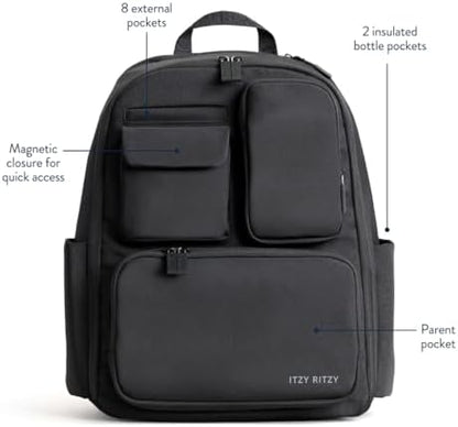 Itzy Ritzy premium unisex diaper backpack highlighting the built-in insulated bottle pockets.