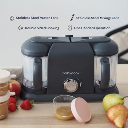 Béaba Babycook food processor blending healthy vegetable puree close up