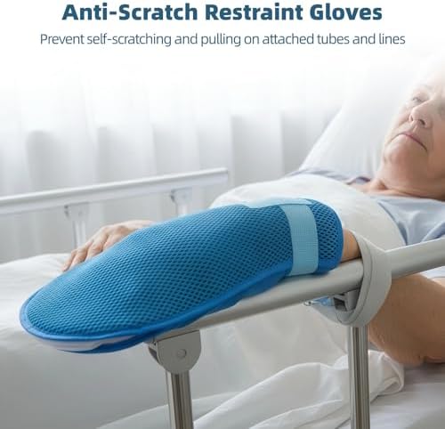 Elderly restraint gloves showing internal finger loops and rigid board.