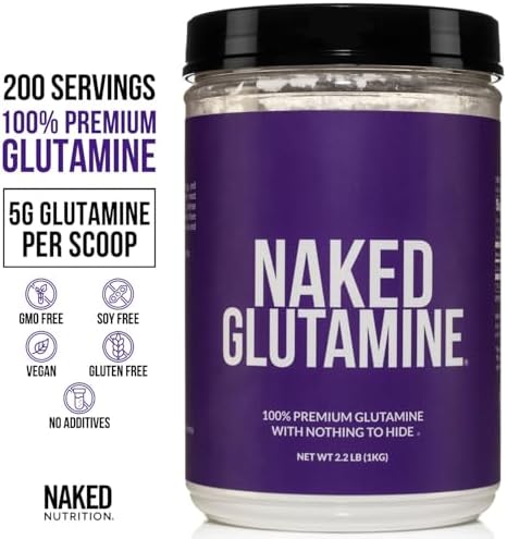 Naked Glutamine powder label details and servings information