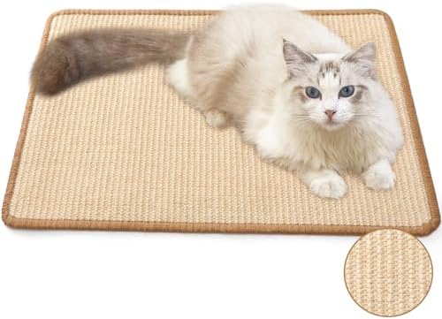 Natural sisal cat scratcher mat with sticky tapes for furniture protection couch view