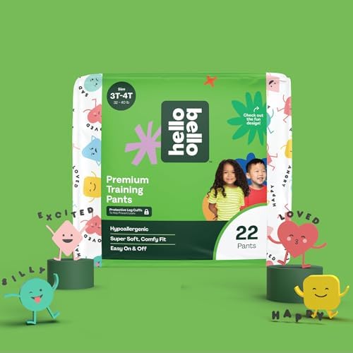 Side view of Hello Bello disposable toddler pull ups pack highlighting size recommendations and weight capacity.