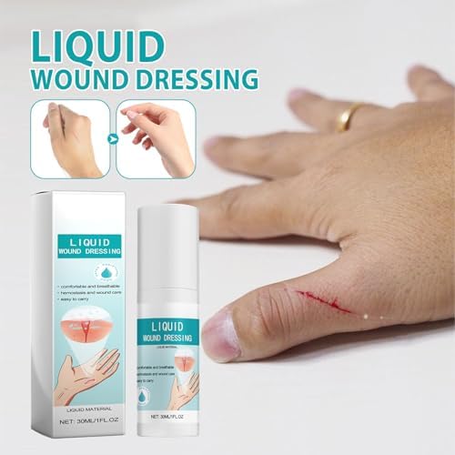Transparent liquid plaster spray being applied to a minor finger scratch.